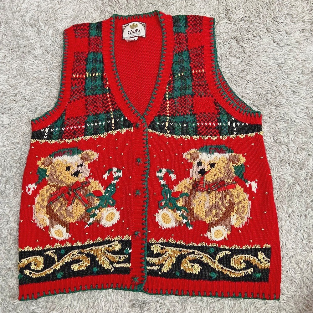 Tiara International Christmas Sweater Vest Women L Red Beaded Teddy Bear